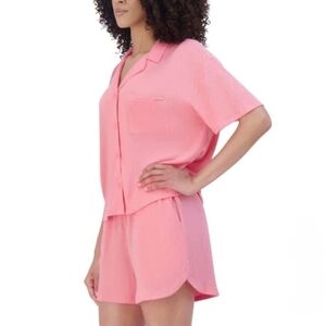 BCBGMAXAZRIA Womens Short Sleeve Notch Collar & Short Pajama Set Size Small Pink